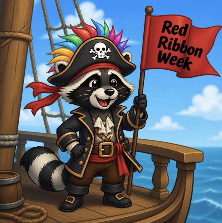 cartoon raccoon with crazy colorful hair holding a flag that says Red Ribbon Week