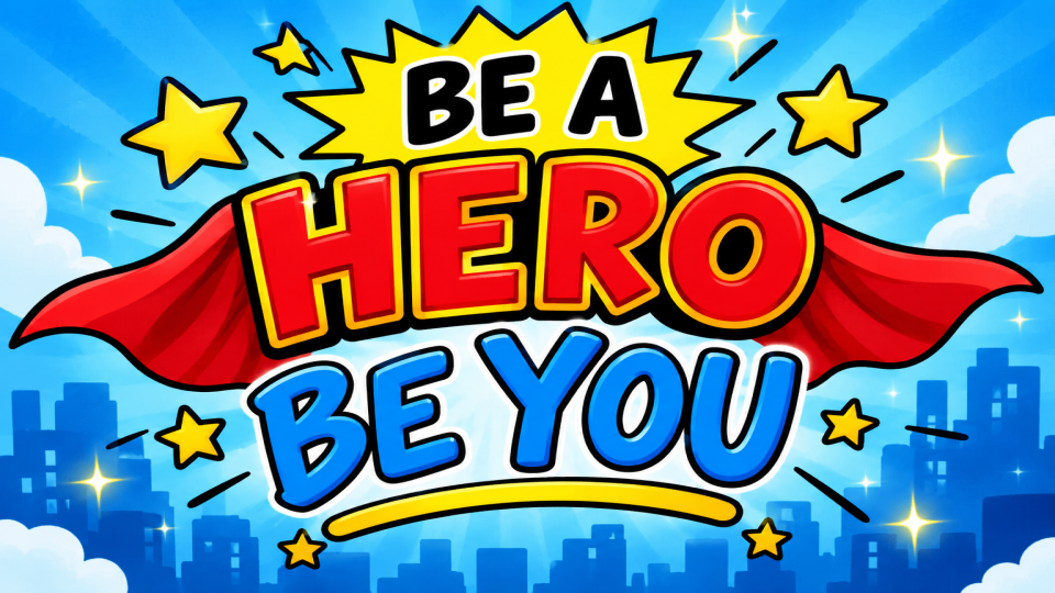 Blue red and hello, be a Hero, be You