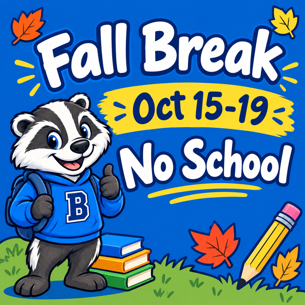 badger on a blue background with leaves falling and white text