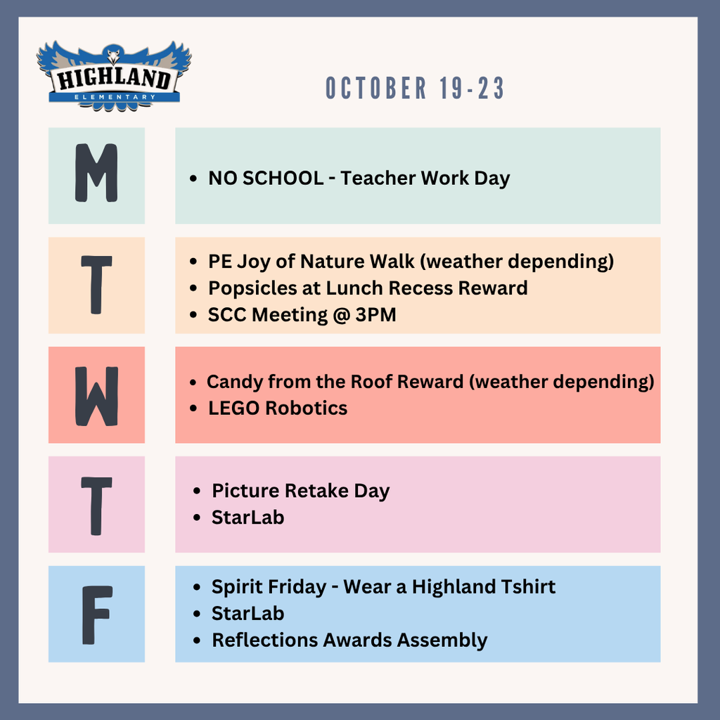 Colorful weekly calendar of events