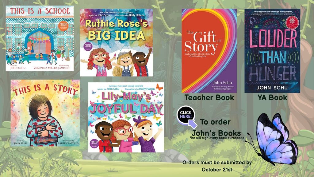 John Schu book covers and a butterfly