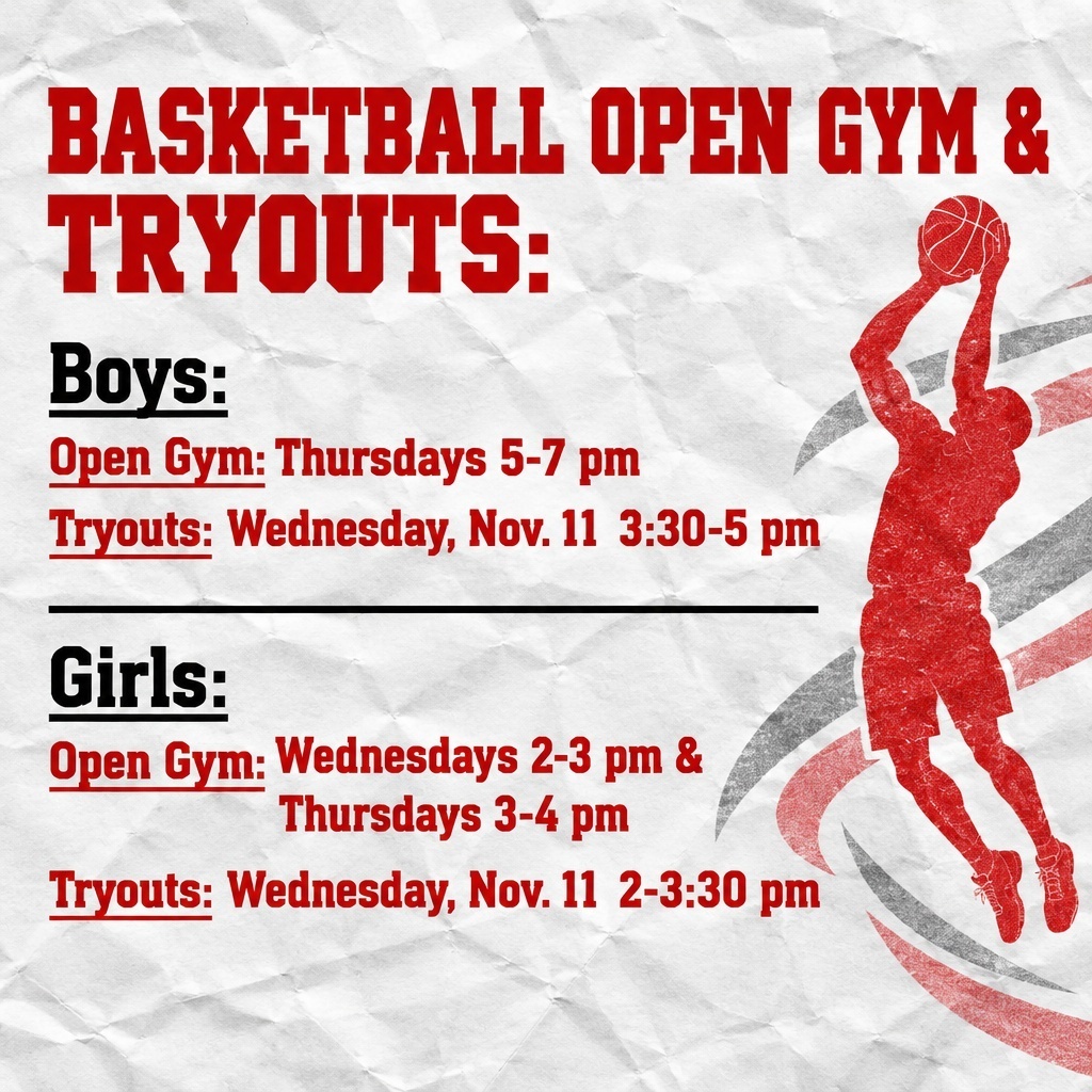 image describing dates for basketball open gym and tryouts for boys and girls