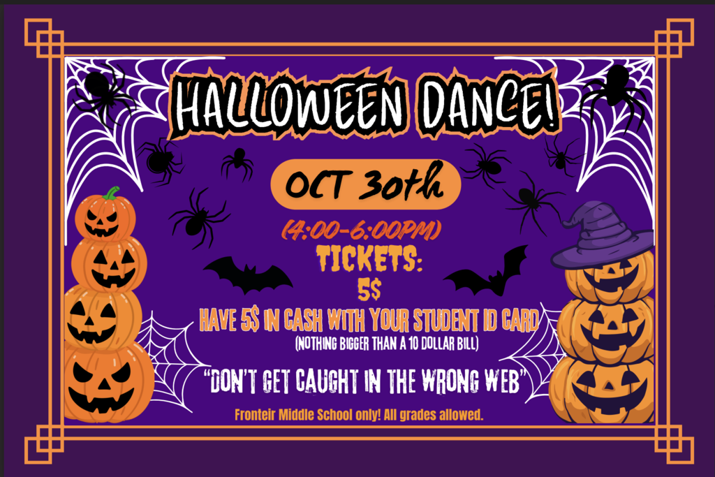 image describing the Halloween dance will be after school on Oct 30 4-6pm. Cost is $5