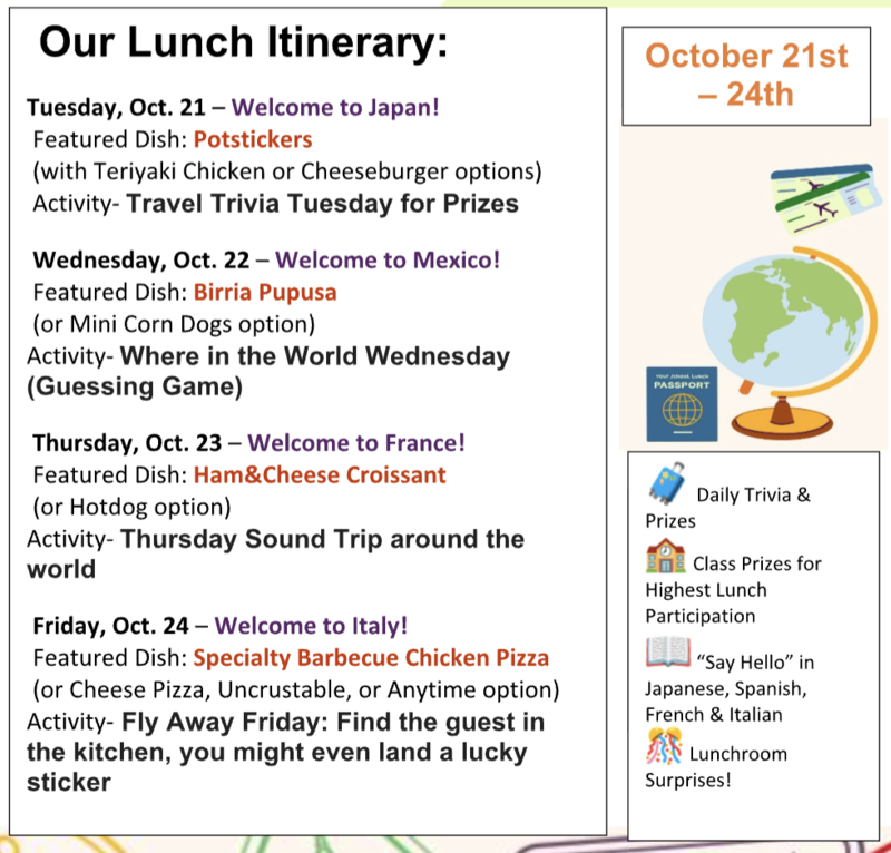 Our lunch Itinerary for October 21 - 24. Each day, country focused on, and  menu is listed. There is a picture of a globe, passport and plane tickets on the right side. 