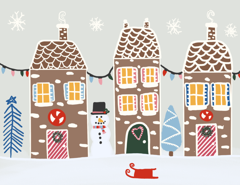 Artwork displaying 3 gingerbread houses.