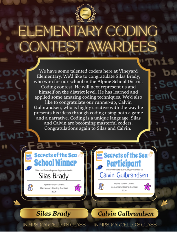 Deep maroon Red background with two coding winners announced and a golden computer icon