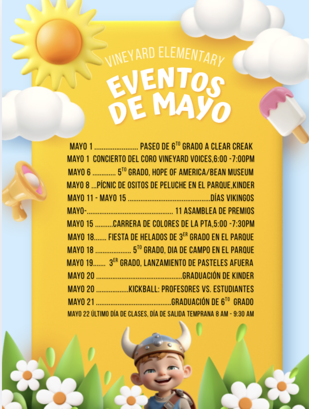 blue sky and yellow background with a sun and flowers and a boy wearing a viking helmet