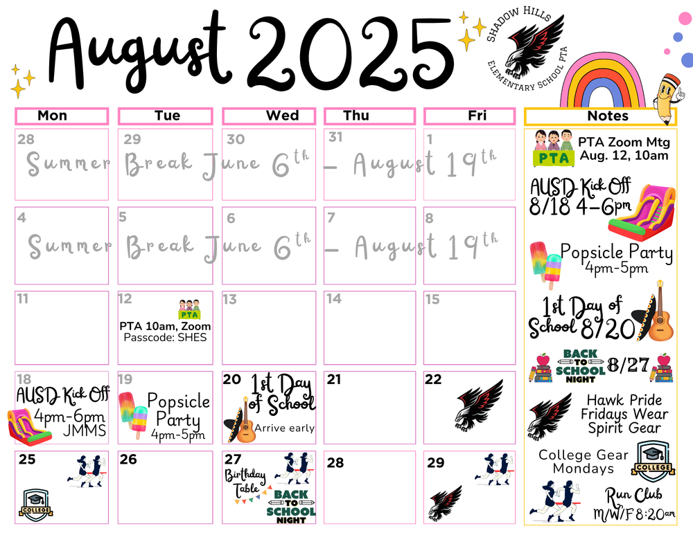 PTA August Calendar