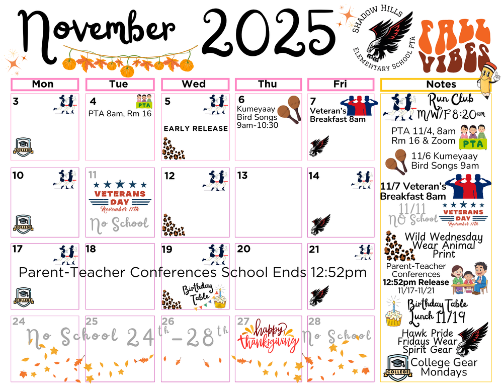 PTA Monthly Calendar