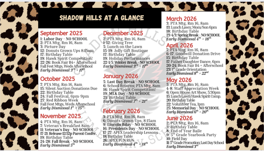 PTA Year Calendar of Events
