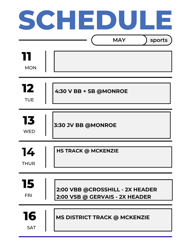 WEEKLY SPORTS SCHEDULE