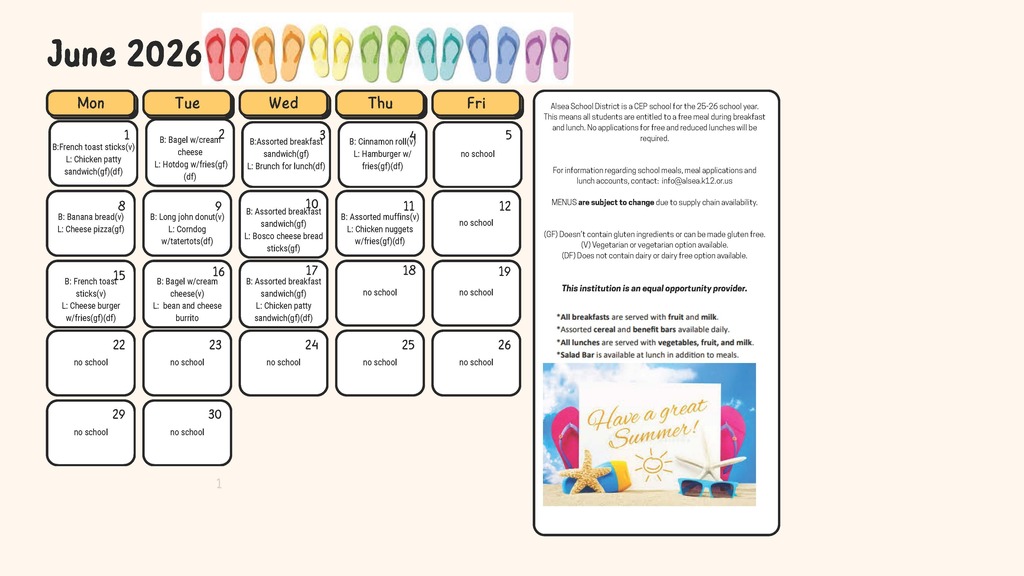 June's breakfast and lunch menu