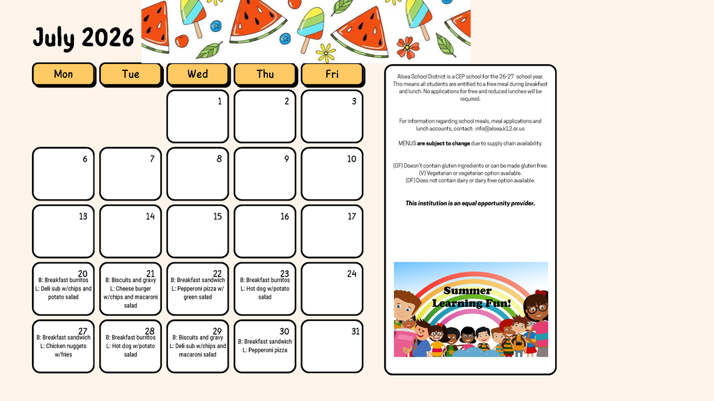 menu for summer school