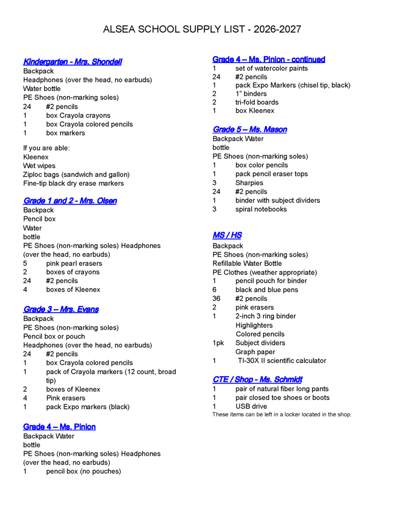 List of school supplies by grade.