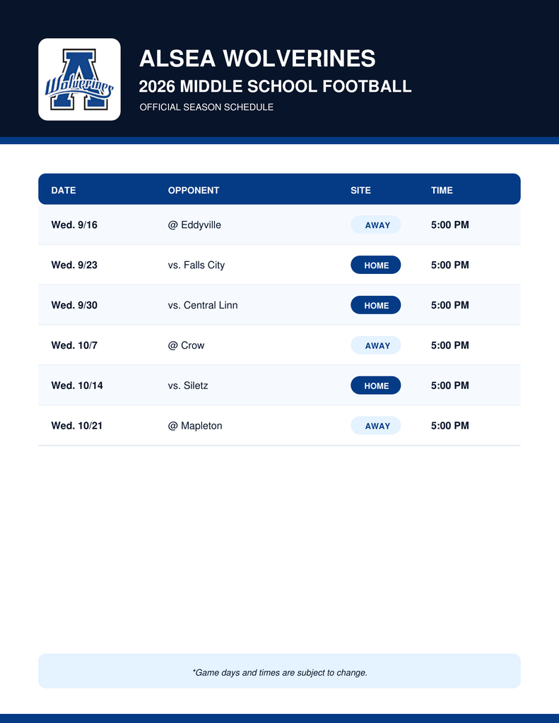 Alsea Middle School Football Game Schedule