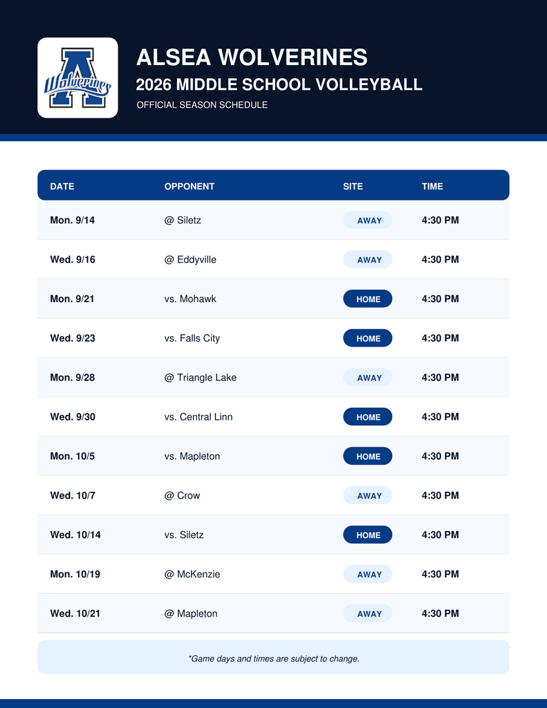 Alsea Middle School Volleyball Game Schedule
