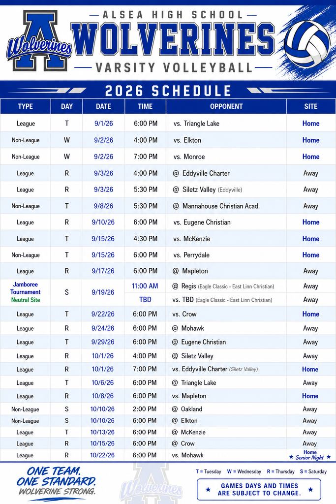 Alsea Varsity Volleyball Game Schedule