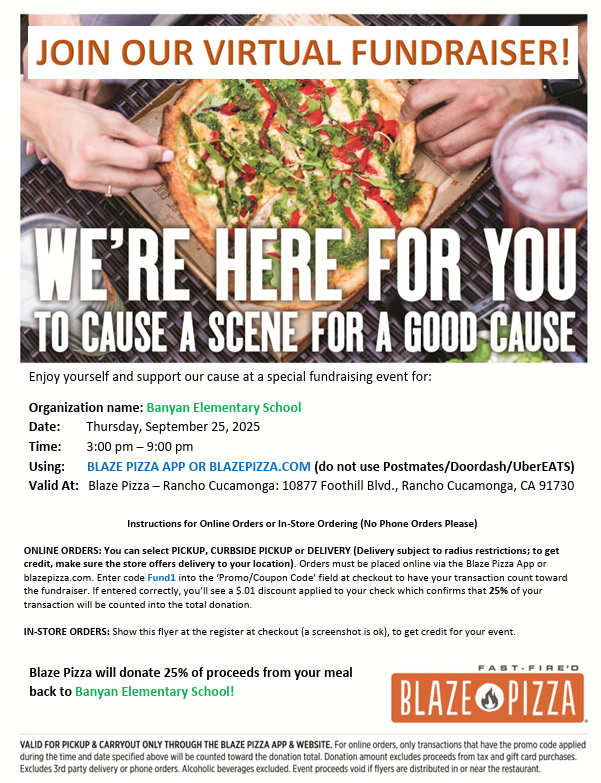 Join us on September 25th for a Banyan Dine-out Night at Blaze Pizza!