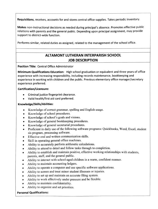 Job Description: Central Office Manager Page 2