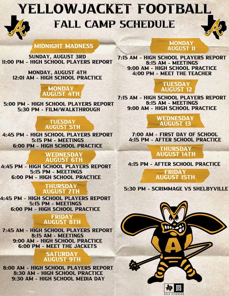 Yellowjacket Football Fall Camp Schedule