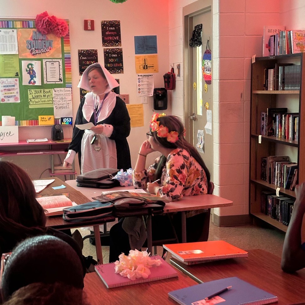 Mrs Parker in Pilgrim garb