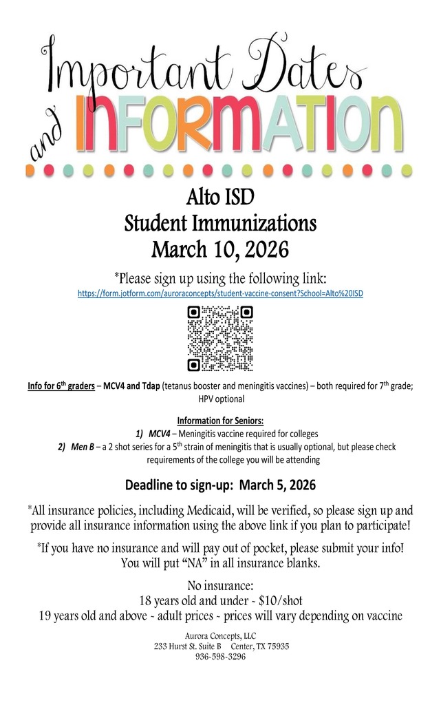 Alto ISD Student Immunizations, March 10, 2026
