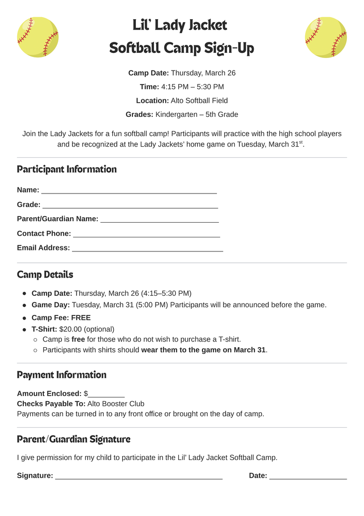 Lil' Lady Jacket Softball Camp