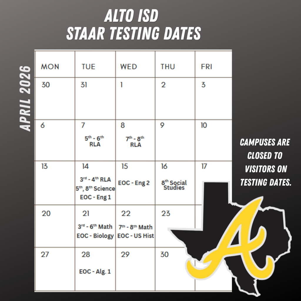 STAAR Testing Dates in a calendar format