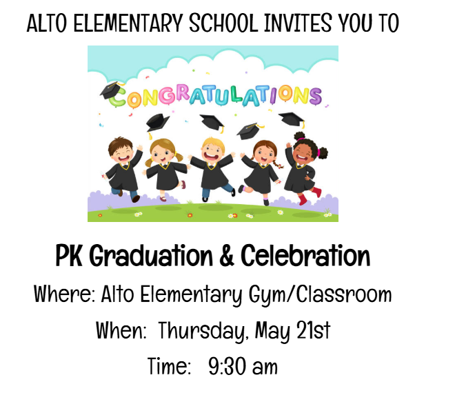 PreK Graduation, Thursday May 21, 9:30 am