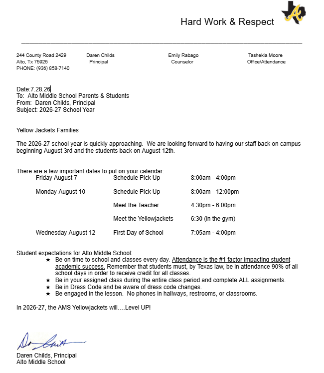 Alto MS 2026-27 Welcome Letter & Important Dates