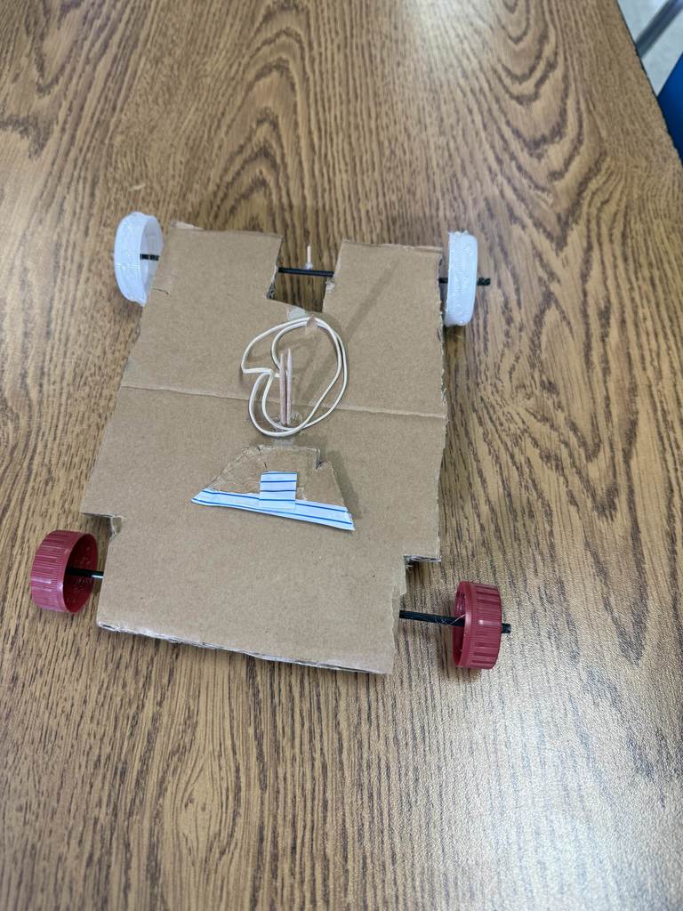 Earlier in the school year, 8th Grade Science classes created Rubber Band Cars to demonstrate the transfer of elastic energy to mechanical energy.   They had a blast designing and testing their cars!