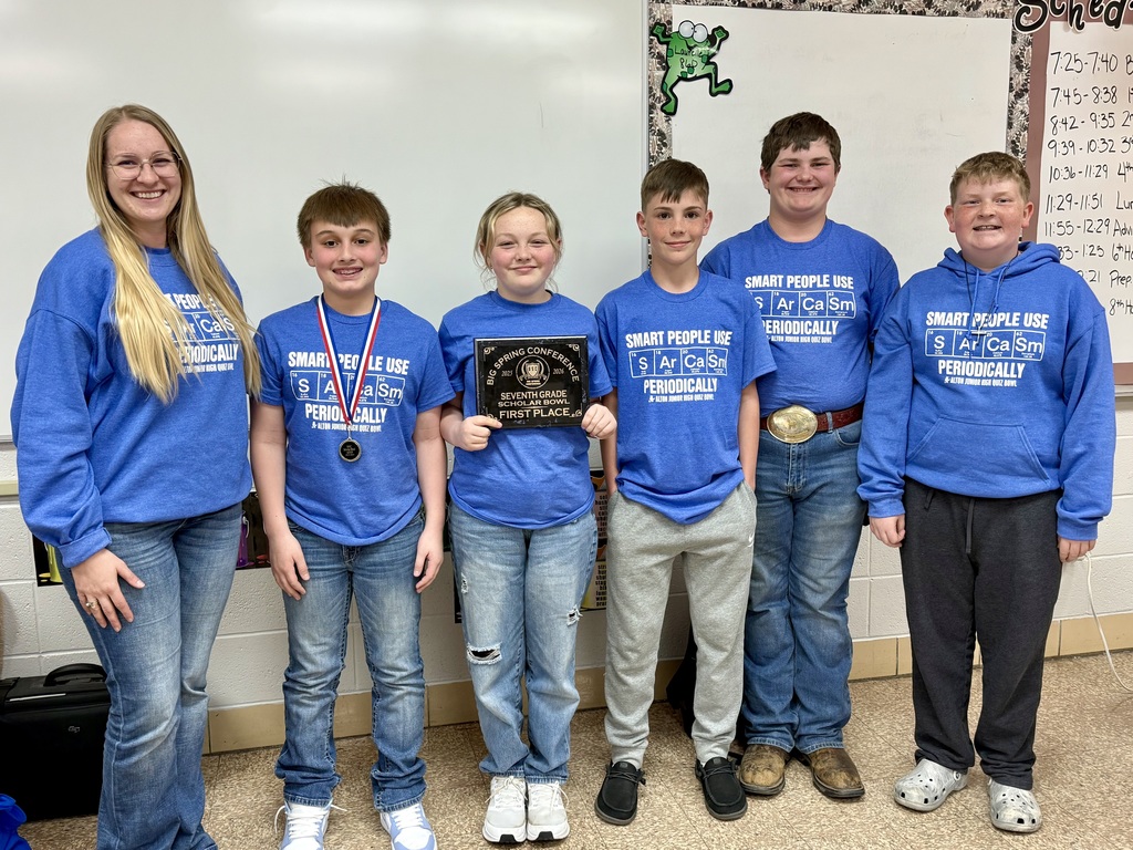 Today, 7th Grade Quiz Bowl competed at Van Buren and secured First Place in the Big Springs Conference against Winona, Summersville, Van Buren, and Eminence. Riley Hollis received Top Individual with answering the most questions correct!