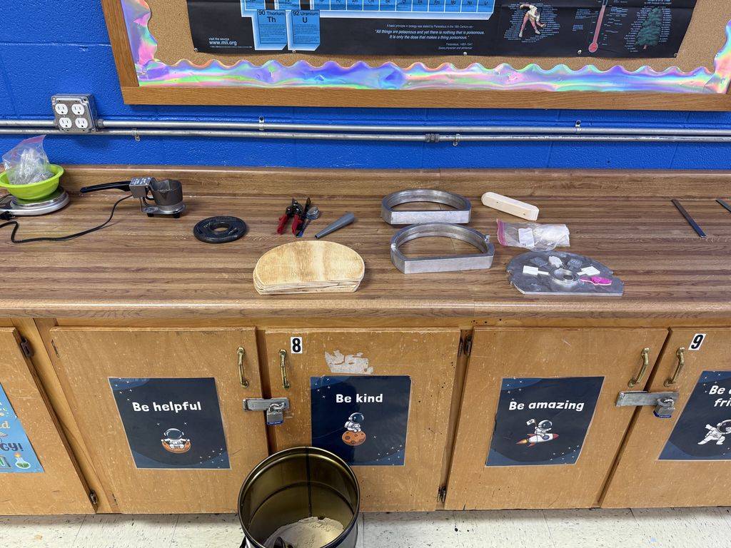 The set up for Foundry-in-a-Bucket with all the necessary equipment and supplies. 