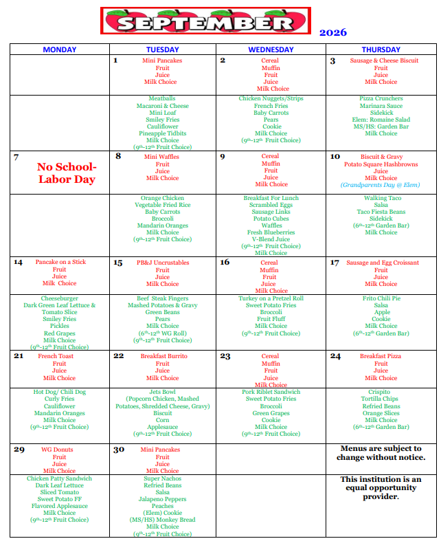 September Lunch Menu