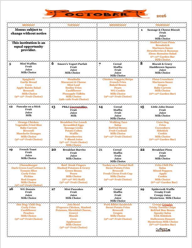 October Breakfast and Lunch Menu