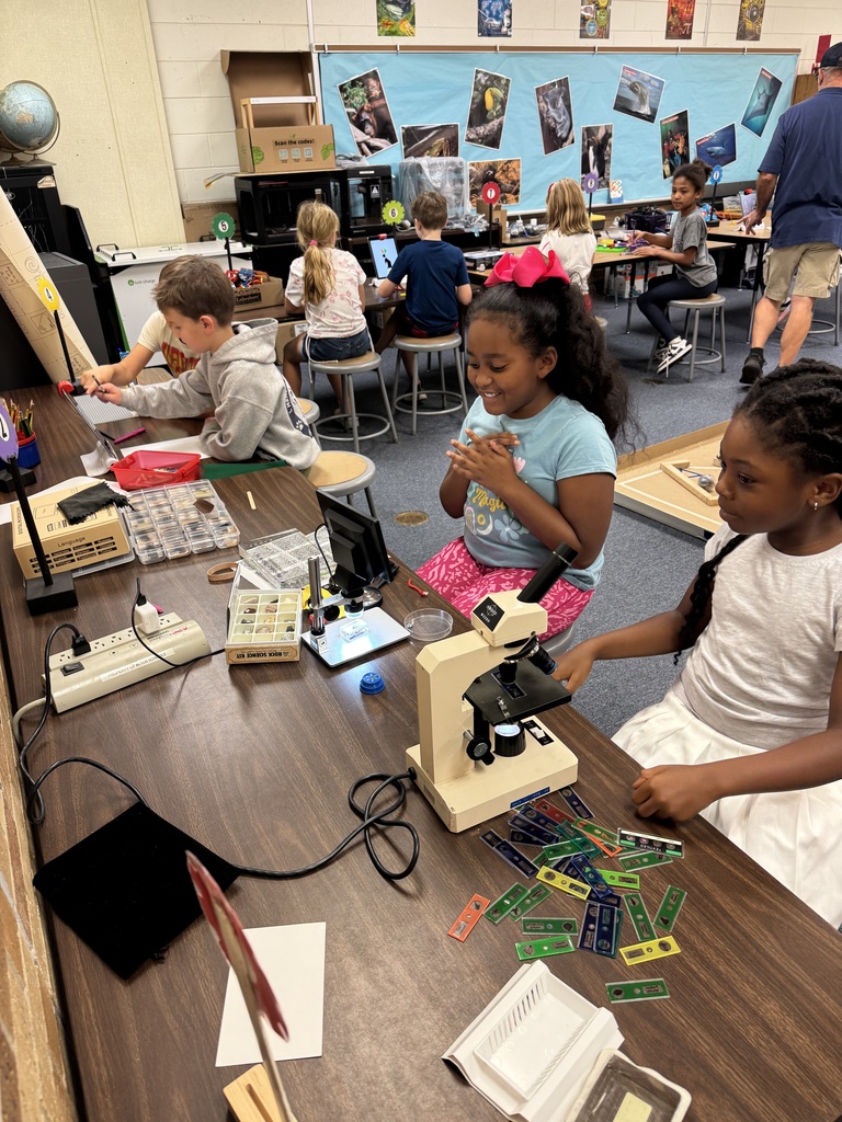 Students using microscope.