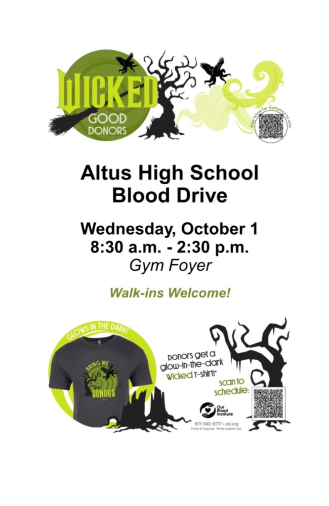 Altus High School Blood Drive October 1st! 8:30 a.m. - 2:30 p.m.