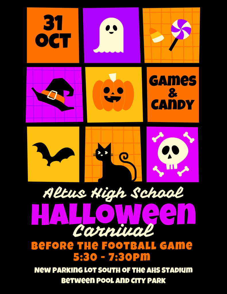 Altus Halloween Carnival 5:30 - 7:30 P.M. before the football game. Oct. 31st in the new parking lot south of the AHS stadium between pool and city park.
