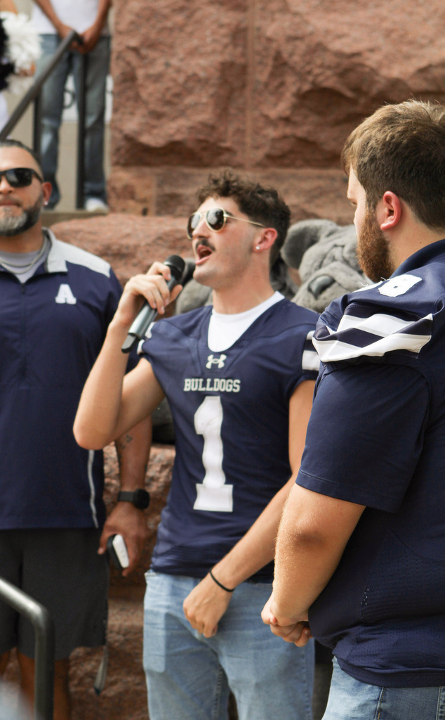 Football Caption Noah Barftnauck speaking at homecoming results at JC Courthouse