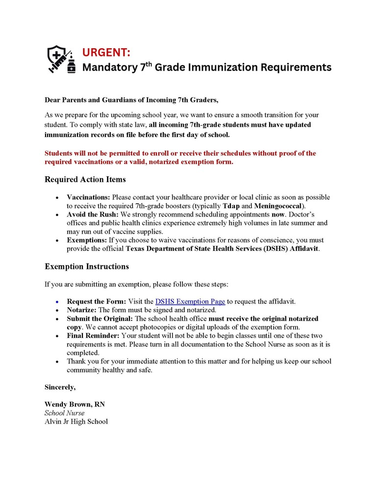 vaccination requirements for 7th graders