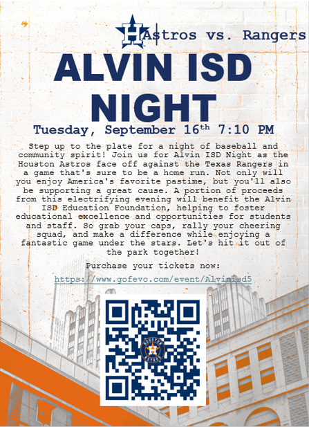 alvin isd night: Tuesday, September 16th at 7:10 PM. Purchase your tickets now.