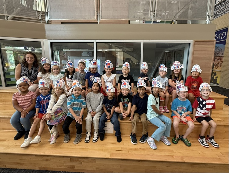 Students wearing red, white, and blue.