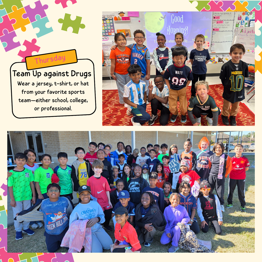 Thursday: Team Up Again Drugs; Wear a jersey, t-shirt, or hat from your favorite sports team - either school, college, or professional.