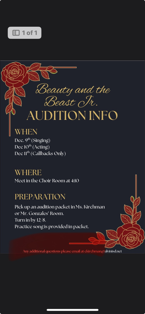Beauty & the Beast Auditions are December 9-10th in Choir Room.