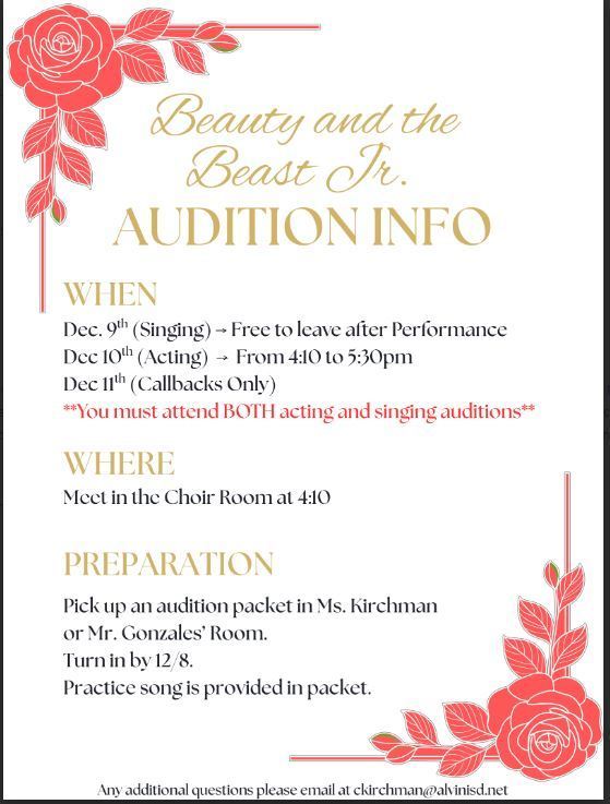 Musical Beauty & Beast Auditions will be Dec. 9 & 10th.