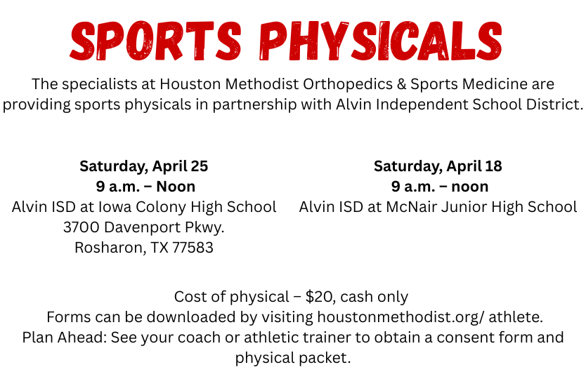 SPORTS PHYSICALS Available for students 4/25 and 4/18