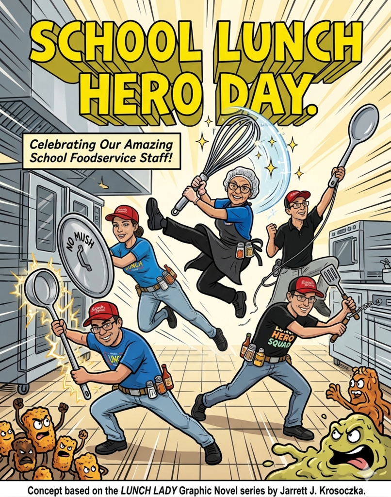 School Lunch Hero Day.  Celebrating our amazing school foddservice Staff!  Concept base on the Lunch Lady Graphic Novel series by Jarrett J. Krosoczka