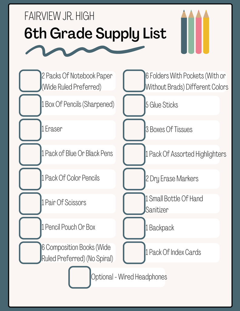 6th grade school supply list