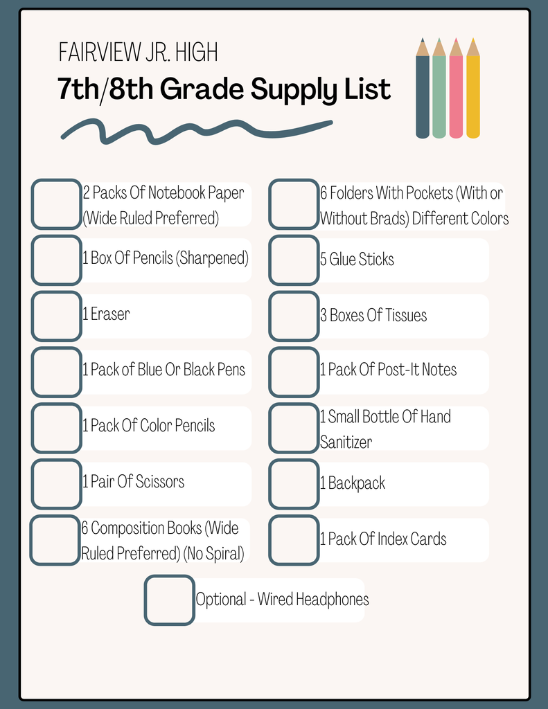 7th/8th grade school supply list