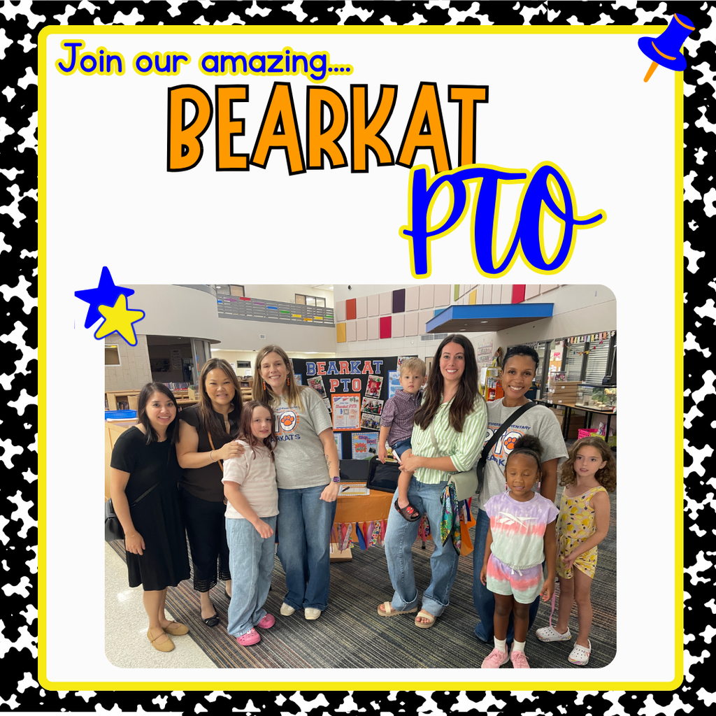 Join our amazing....Bearkat PTO.  Several PTO members with children posing in the library.